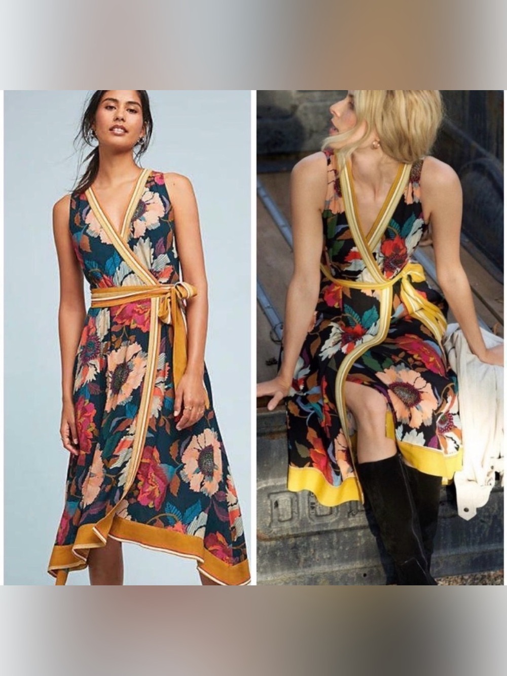Maeve Black Floral Wrap Midi Dress with Yellow Trim
